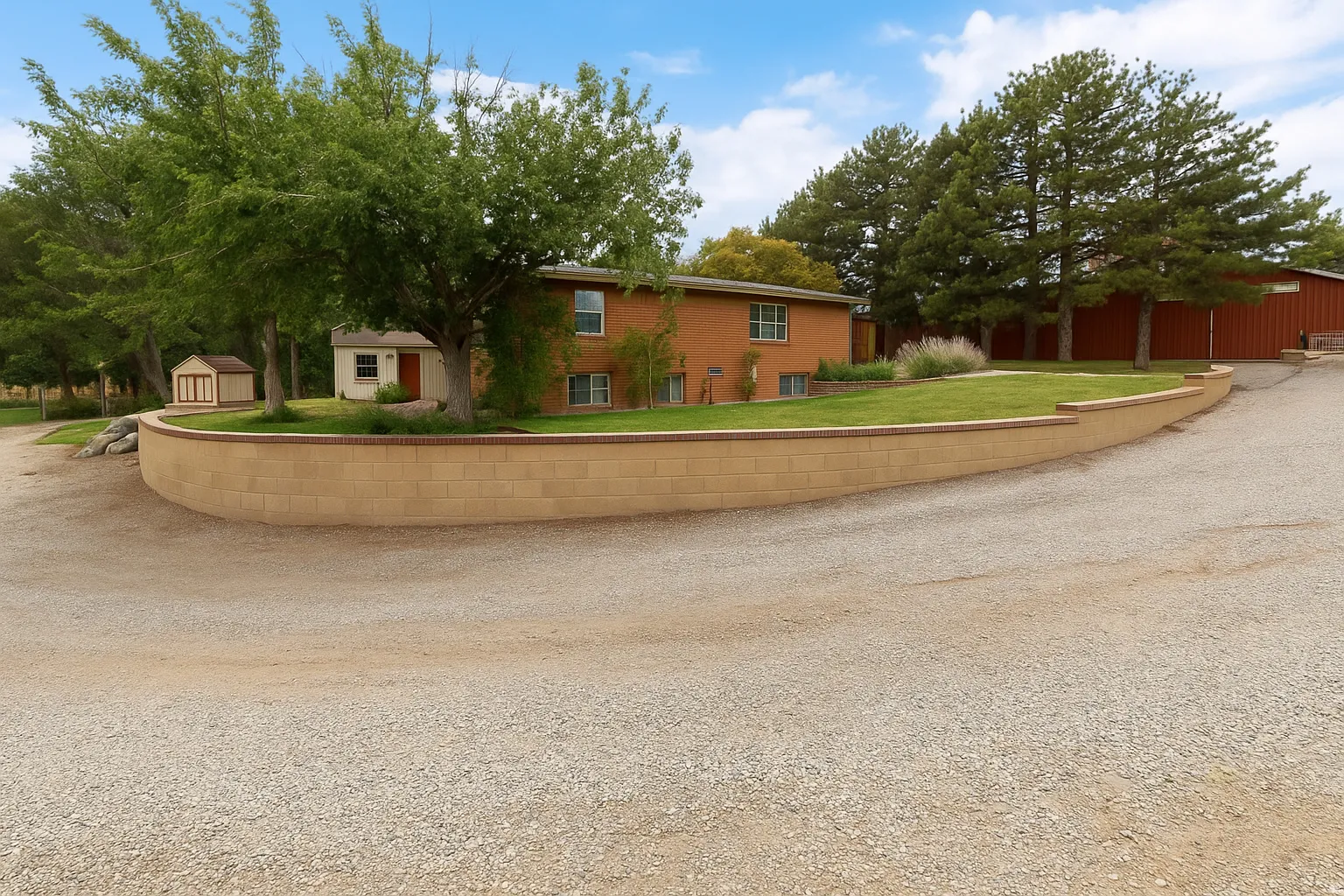 Brick exterior residence with a gravel driveway, retaining wall, and mature trees