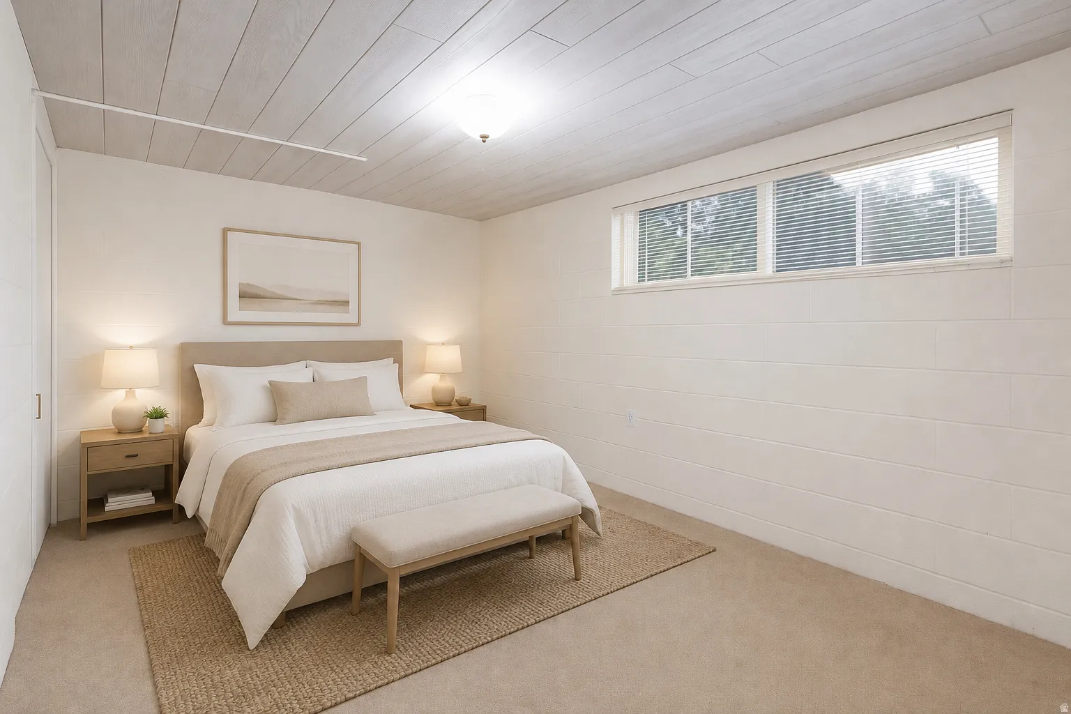 Window with horizontal blinds, plank-style ceiling, textured walls, and wall-to-wall carpeting