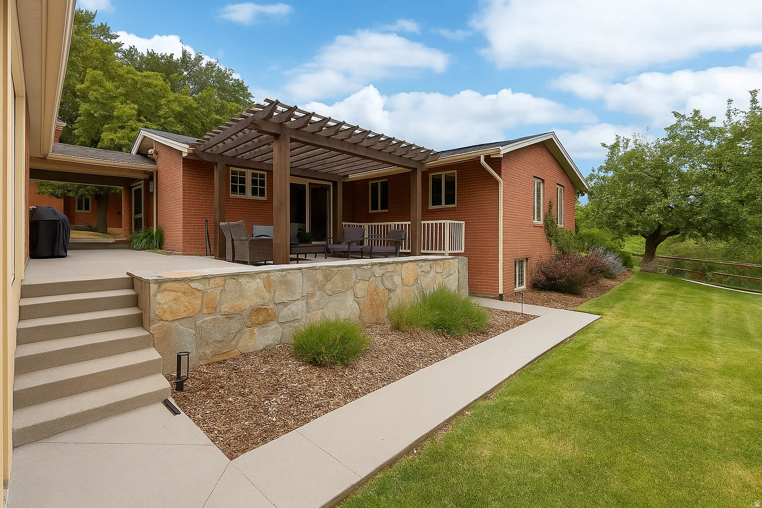 Brick exterior with a wood pergola, stone retaining wall, concrete patio, and a manicured lawn