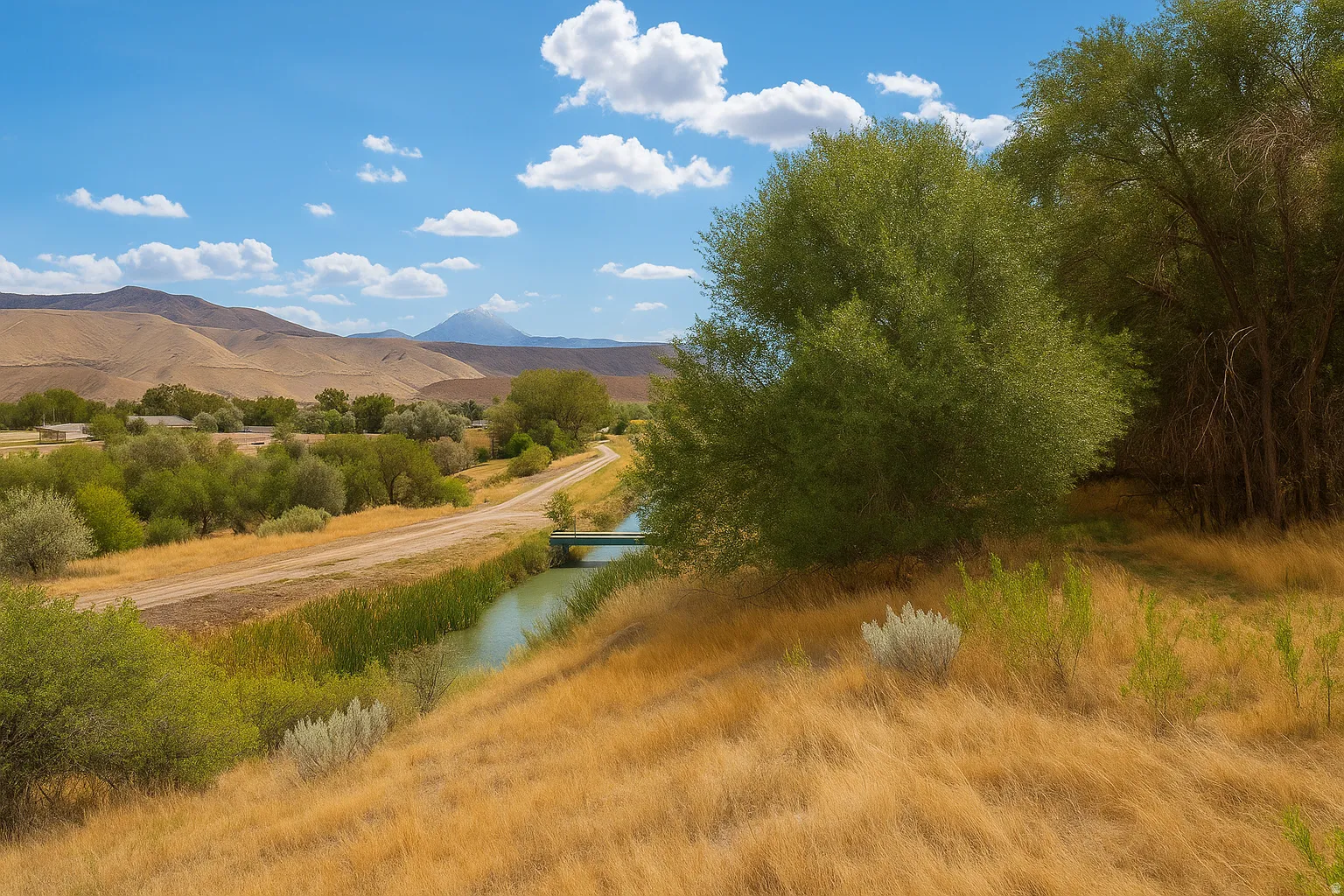 Expansive natural landscape featuring a waterway, bridge, and surrounding hillsides