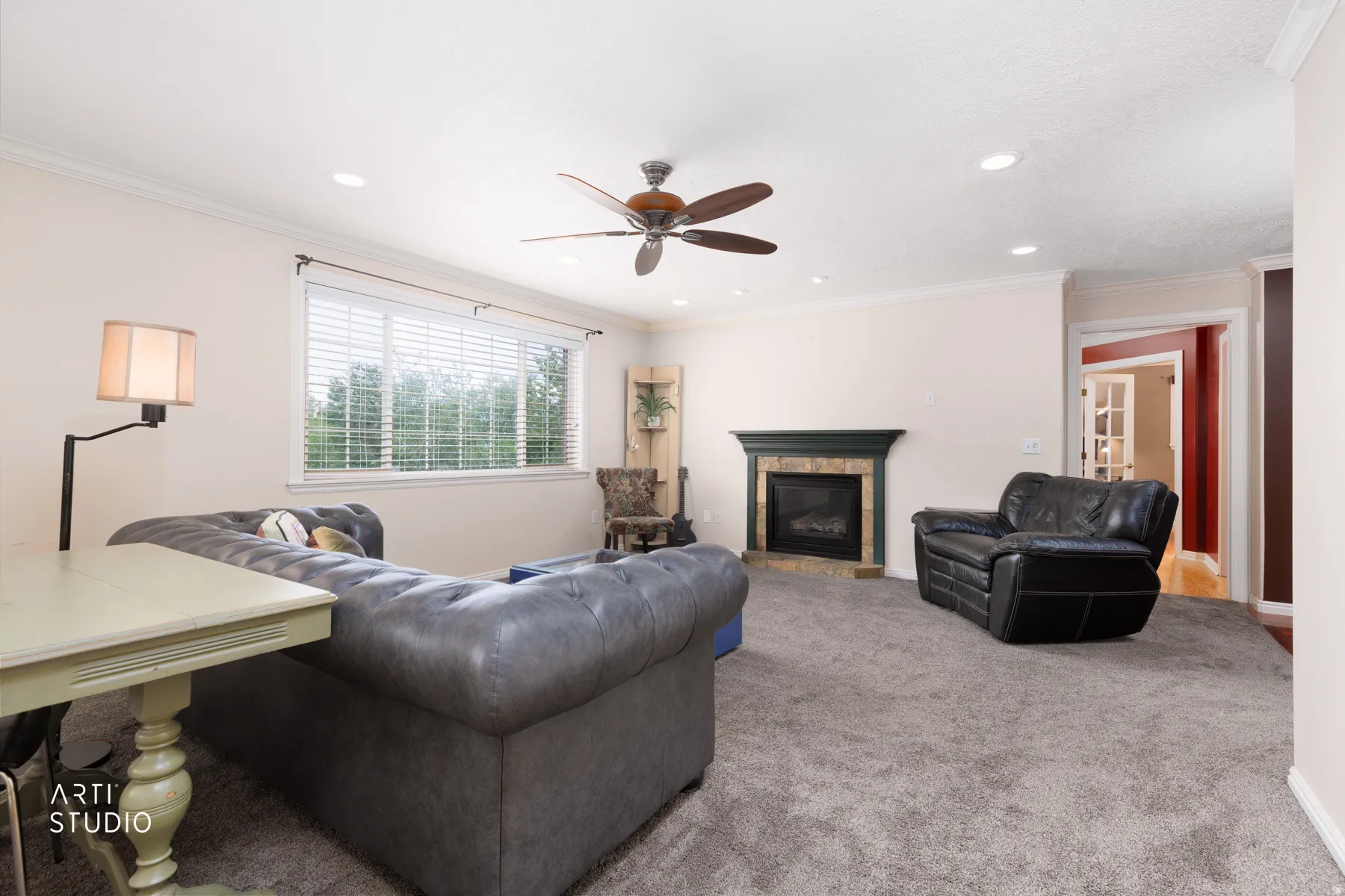 Plush carpet flooring, recessed lighting, and a ceiling fan with a light kit