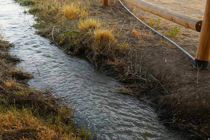 Water channel with a natural bank, alongside a wooden fence with a horizontal rail