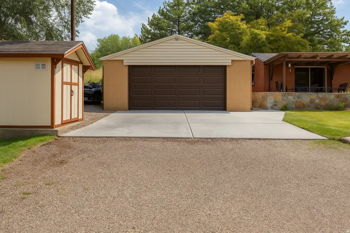 Detached garage with a paneled door and siding