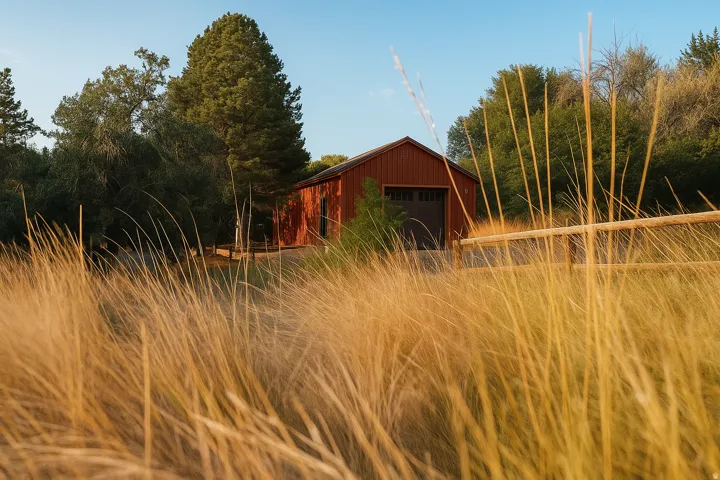 Red barn structure featuring a roll-up door, surrounded by mature trees and a split rail fence