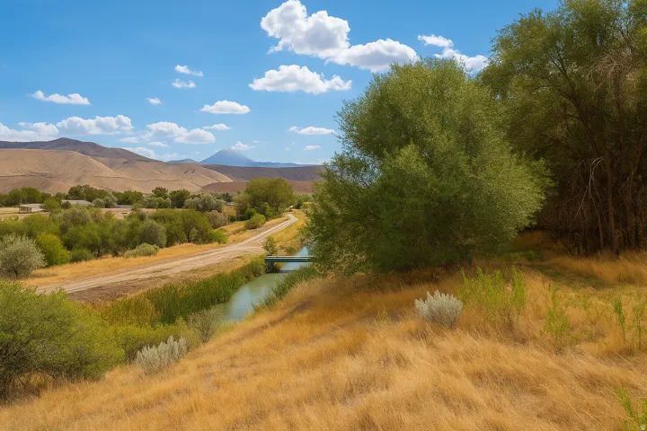 Expansive natural landscape featuring a waterway, bridge, and surrounding hillsides