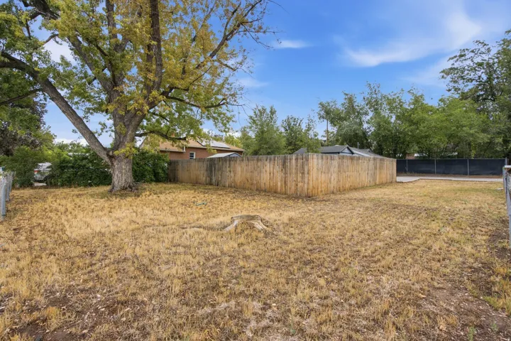 Expansive yard featuring a mature tree, wood fencing, and a chain-link fence