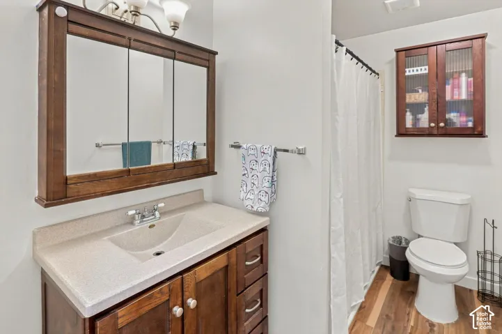 Bathroom featuring a wood-finish vanity with a single basin sink, a three-panel mirrored medicine cabinet, a shower with a white curtain, and wood-finish flooring