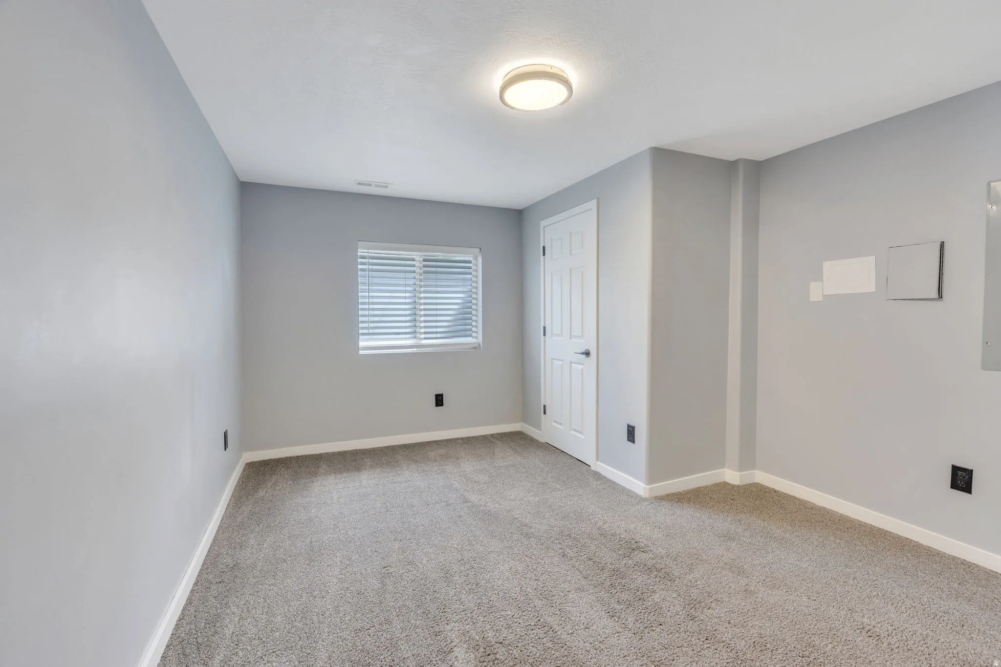 Carpeted room with a flush-mount ceiling light fixture, window with blinds, and a paneled interior door