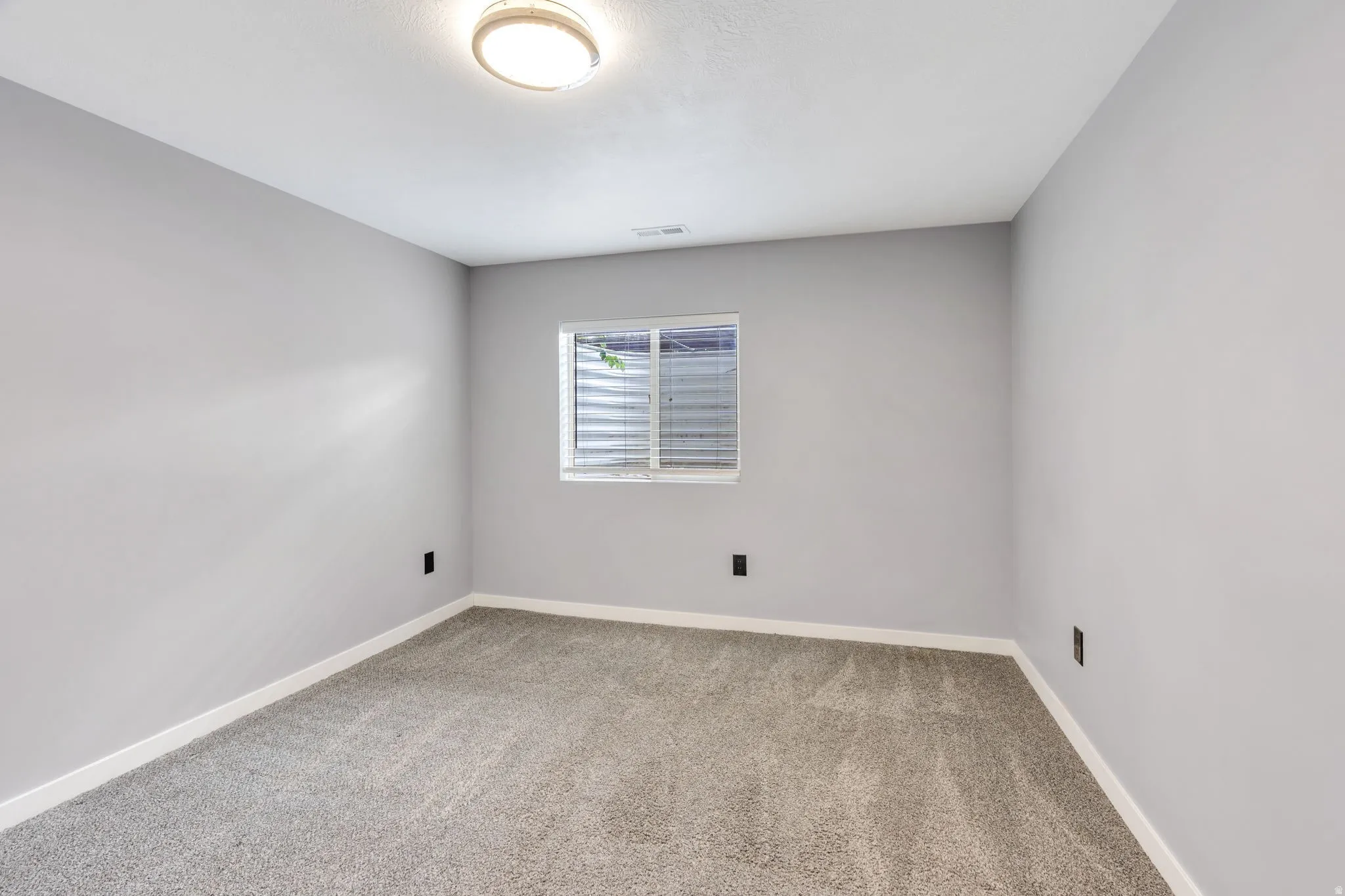 Recessed window, plush grey carpeting, white trim, and a flush-mount ceiling light
