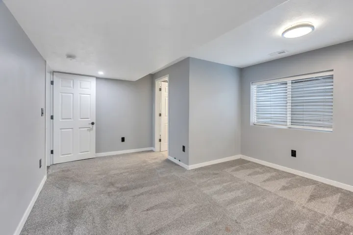 Light gray walls, gray carpet, white trim, white six-panel door, and a white window with blinds