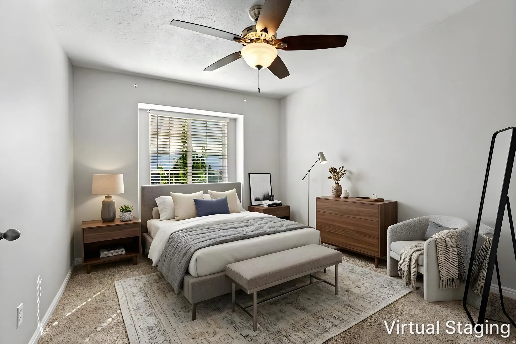 Recessed window with blinds, ceiling fan with integrated lighting, and neutral wall tones