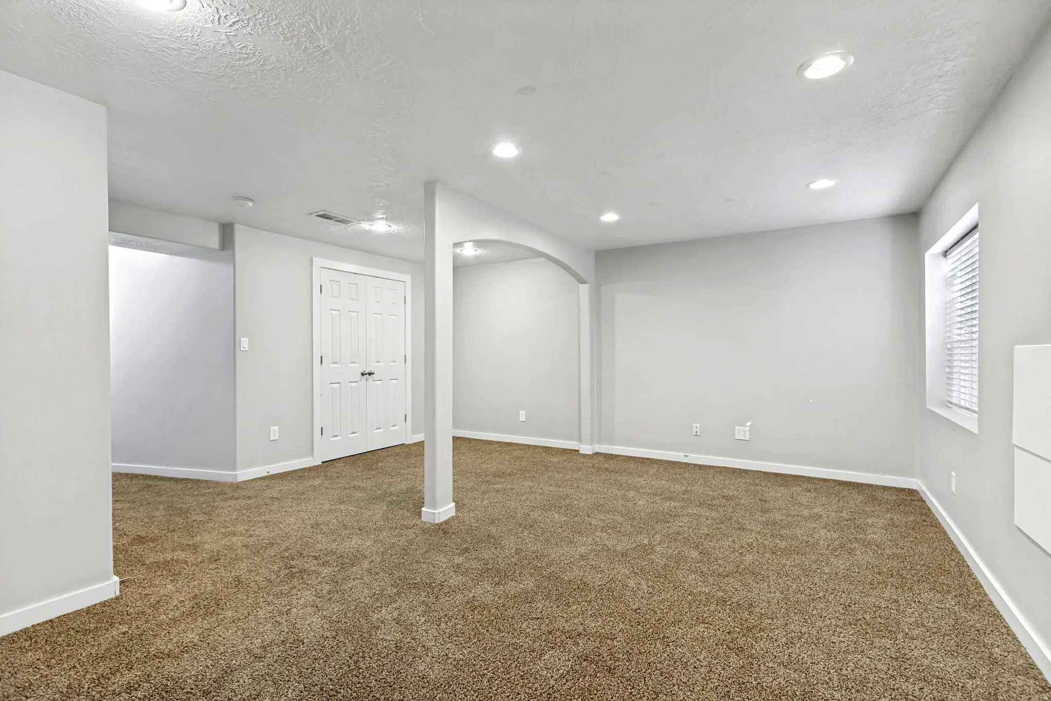 Expansive room with brown carpet flooring, recessed lighting, and a white paneled door