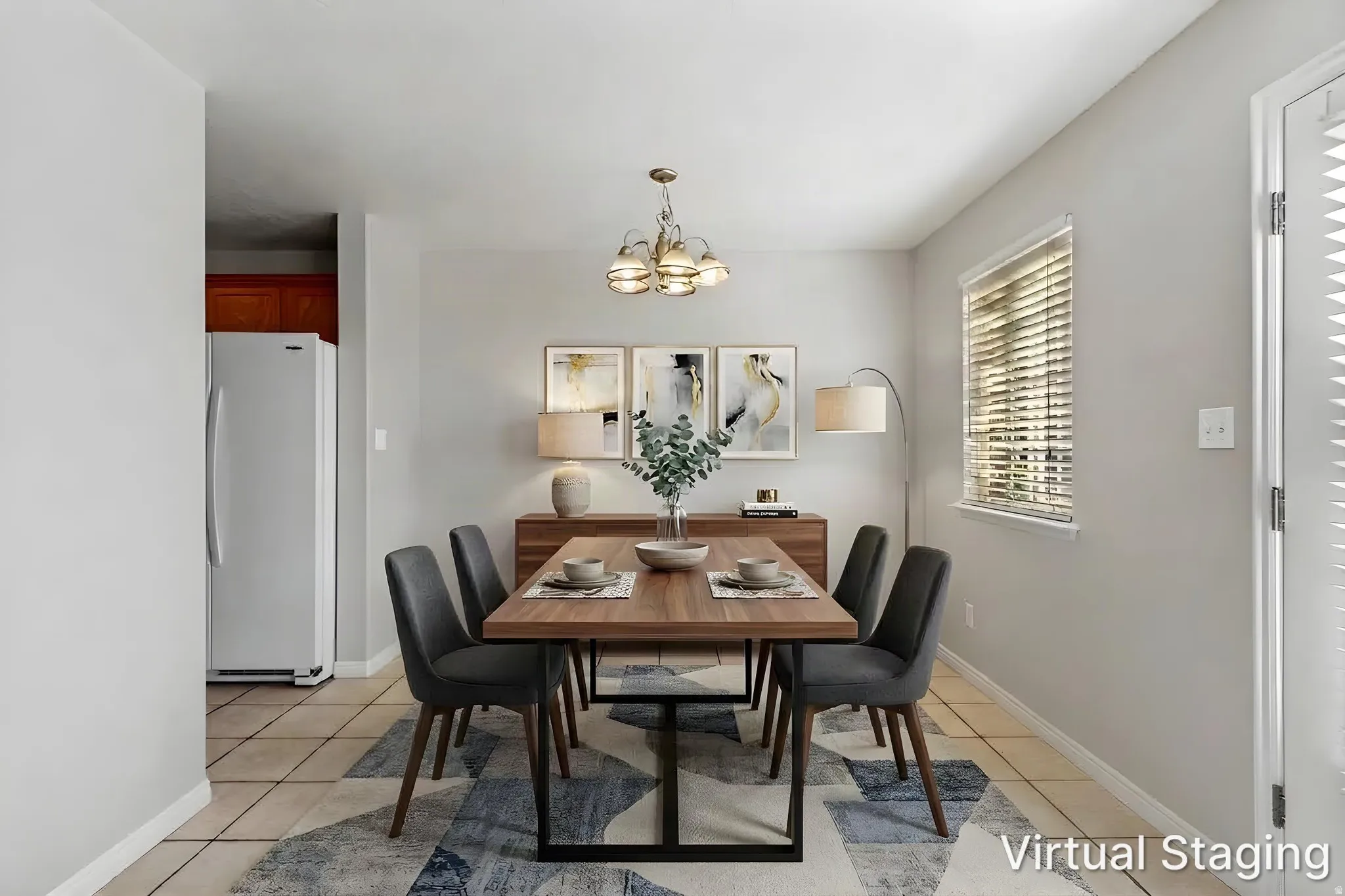 Tile flooring, light gray walls, built-in window with blinds, and overhead lighting fixture
