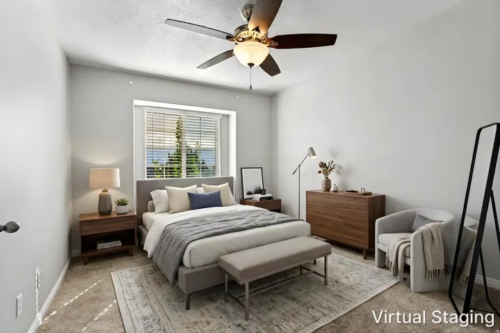 Recessed window with blinds, ceiling fan with integrated lighting, and neutral wall tones