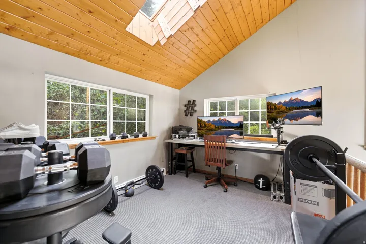Vaulted wood-finish ceiling with skylight, multiple windows, and light grey wall tones