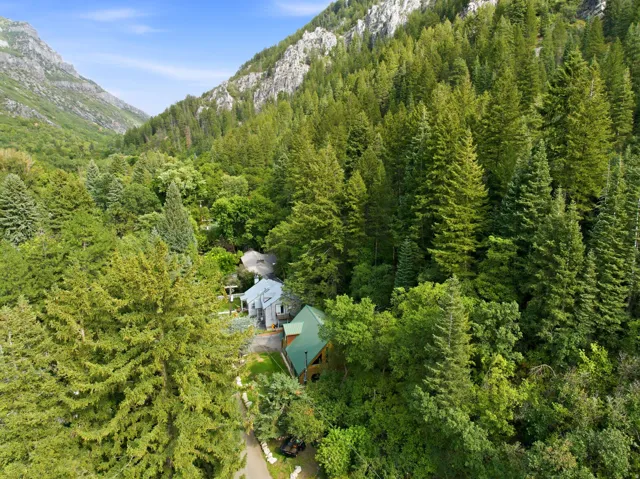 Mountain valley setting with dense evergreen forests and two distinct structures