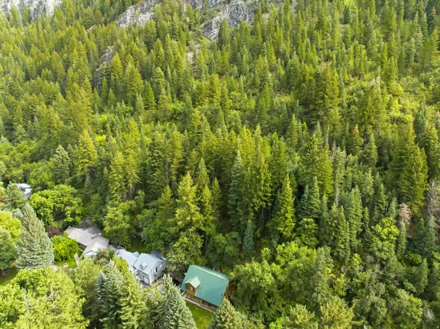 Wooded mountain setting with multiple residential structures and mature trees