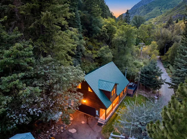 Wood-sided cabin-style residence with a green metal roof, a covered front porch, and a paved driveway