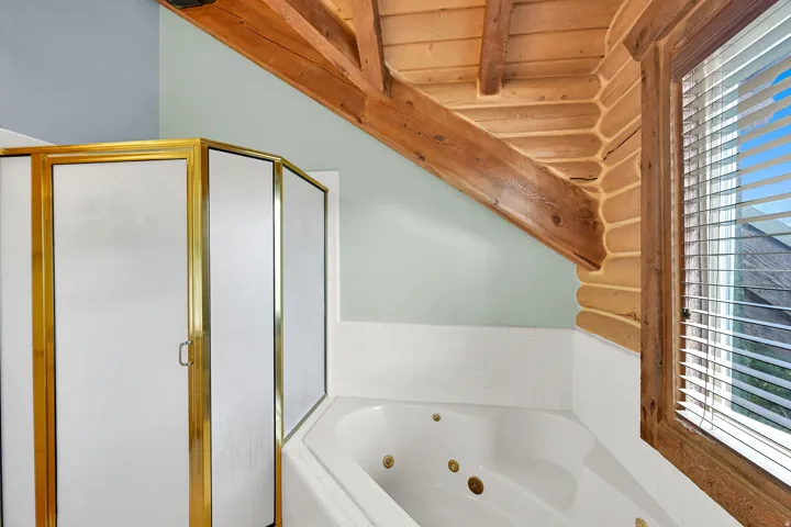 Corner jetted soaking tub, separate shower with brass-finish enclosure, log wall detailing, and exposed ceiling beams