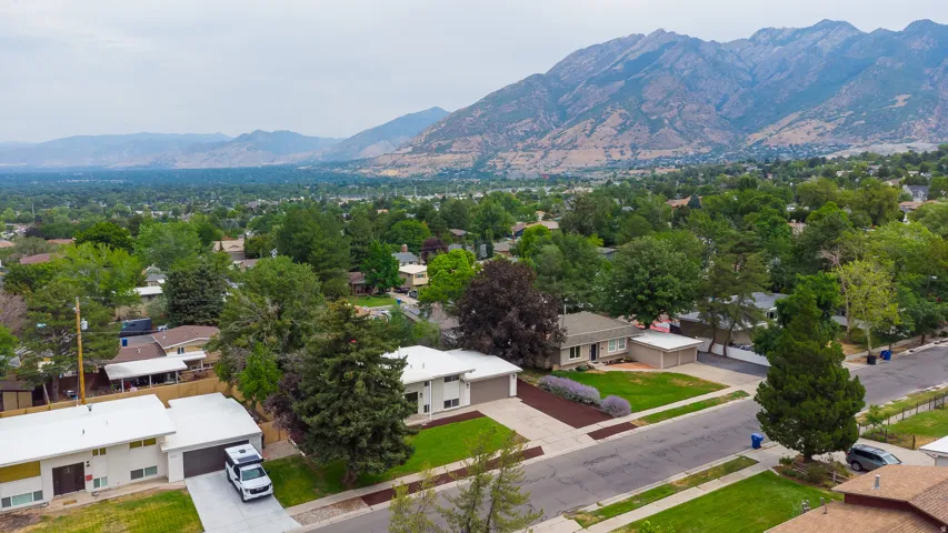 Mountain backdrop with a residential neighborhood featuring mature trees and established landscaping