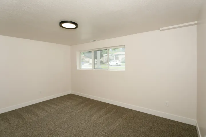Neutral wall paint, textured carpet, window with white frame, and a flush-mount ceiling fixture