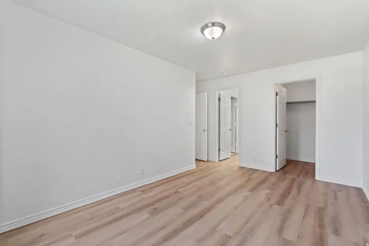 Wood-finish flooring, white walls, and a ceiling-mounted light fixture