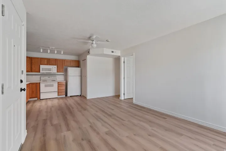 Open-concept living area with wood-finish flooring, a white ceiling fan, and track lighting