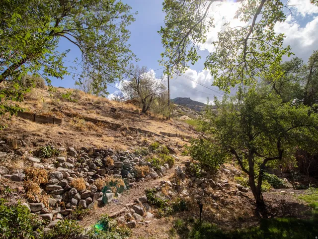 Terraced hillside with stone retaining walls, mature trees, and natural landscaping