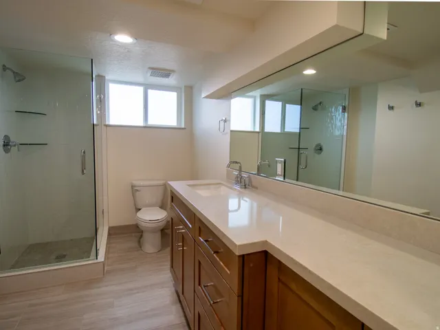 Walk-in shower with clear glass enclosure