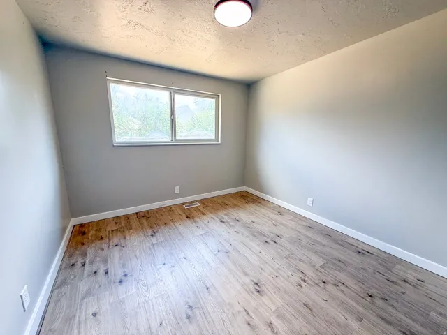 Wood-finish flooring, light gray walls, and a multi-paned window