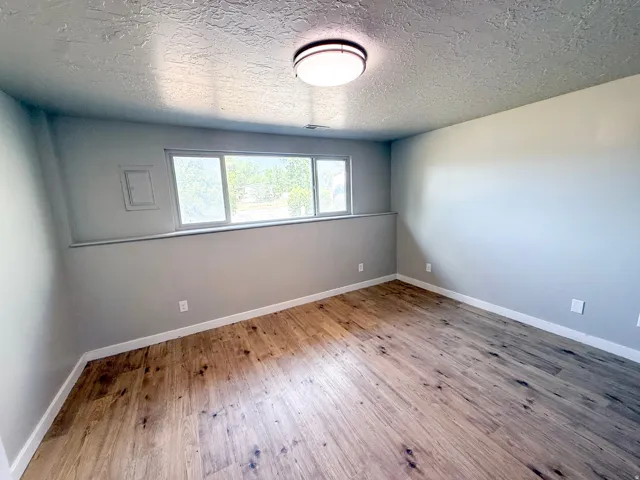 Wood-finish flooring with white trim, a large egress window, and a flush mount ceiling light fixture