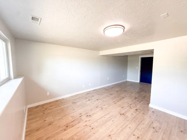Recessed window with a broad sill, wood-finish flooring, neutral wall paint, and a flush-mount ceiling light fixture