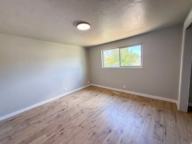 Wood-finish flooring, neutral wall tones, white trim, and a flush-mount ceiling light
