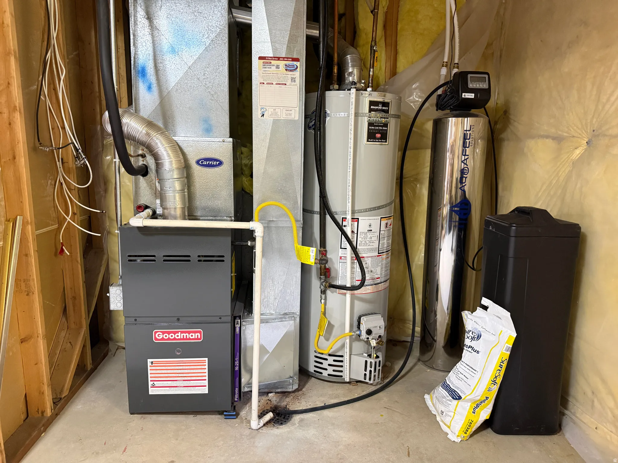 Newer Goodman furnace, Carrier air handler, newer water heater, and water filtration system