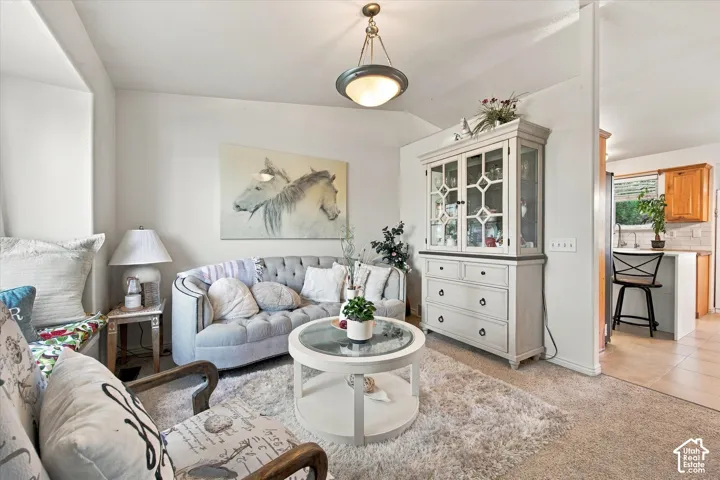 Vaulted ceiling, recessed wall niche, light-colored wall paint, overhead flush-mount lighting, and carpet flooring