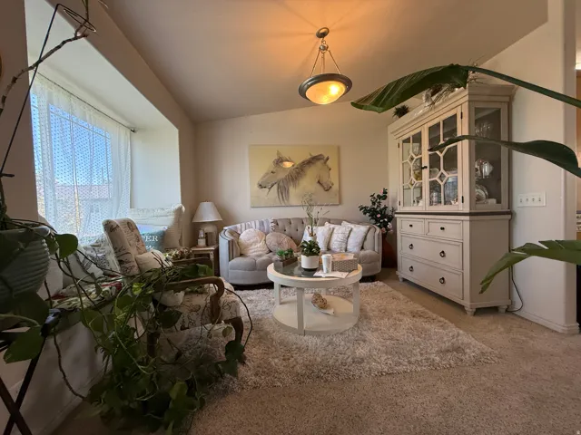 Recessed window alcove, vaulted ceiling, built-in display cabinetry, hanging ceiling light fixture, carpeted flooring
