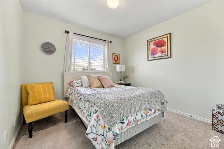 Soft wall color, carpeted flooring, and a single window with blinds