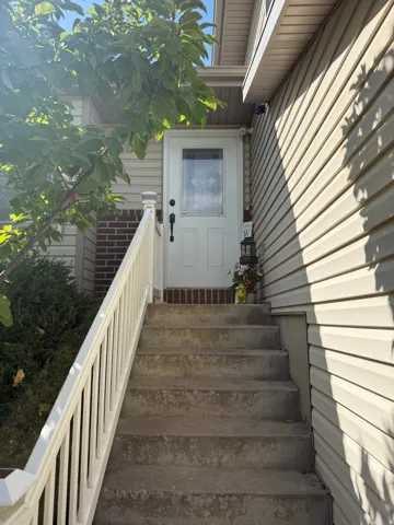 Exterior entry featuring concrete steps, white railing, and a paneled door with decorative glass inlay