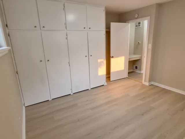 Built-in cabinetry with silver-tone hardware, wood-finish flooring, and neutral wall paint