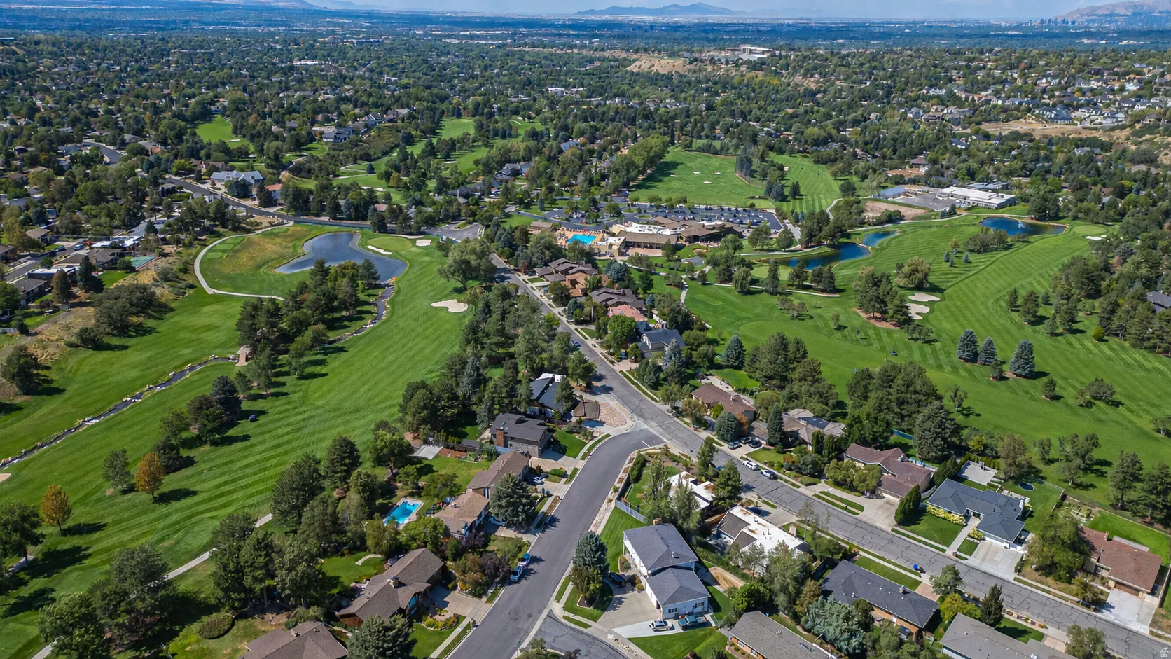 Expansive green spaces and mature trees surround residential properties