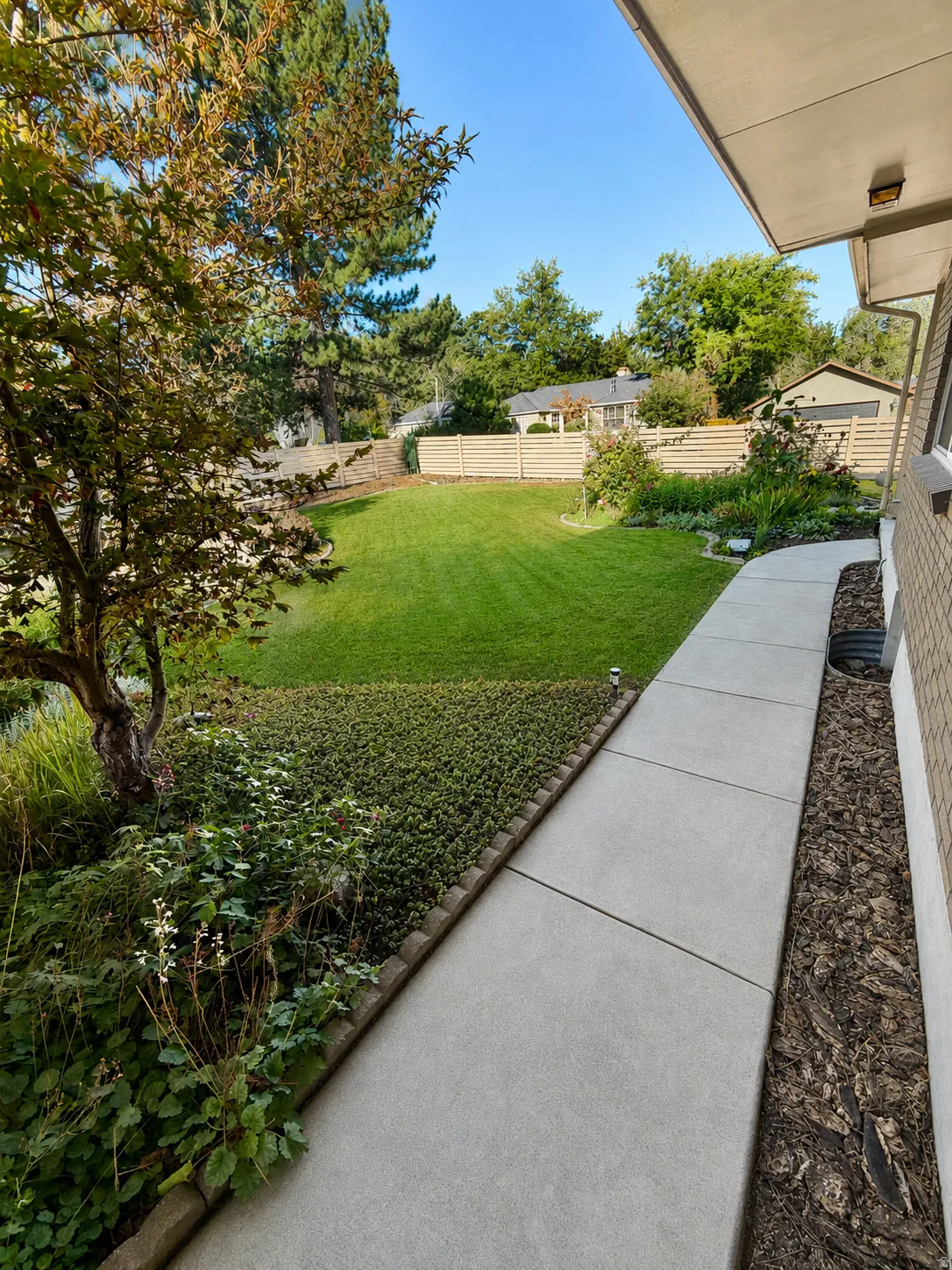 Expansive lawn area with mature trees, established landscaping, concrete pathway, and horizontal privacy fencing