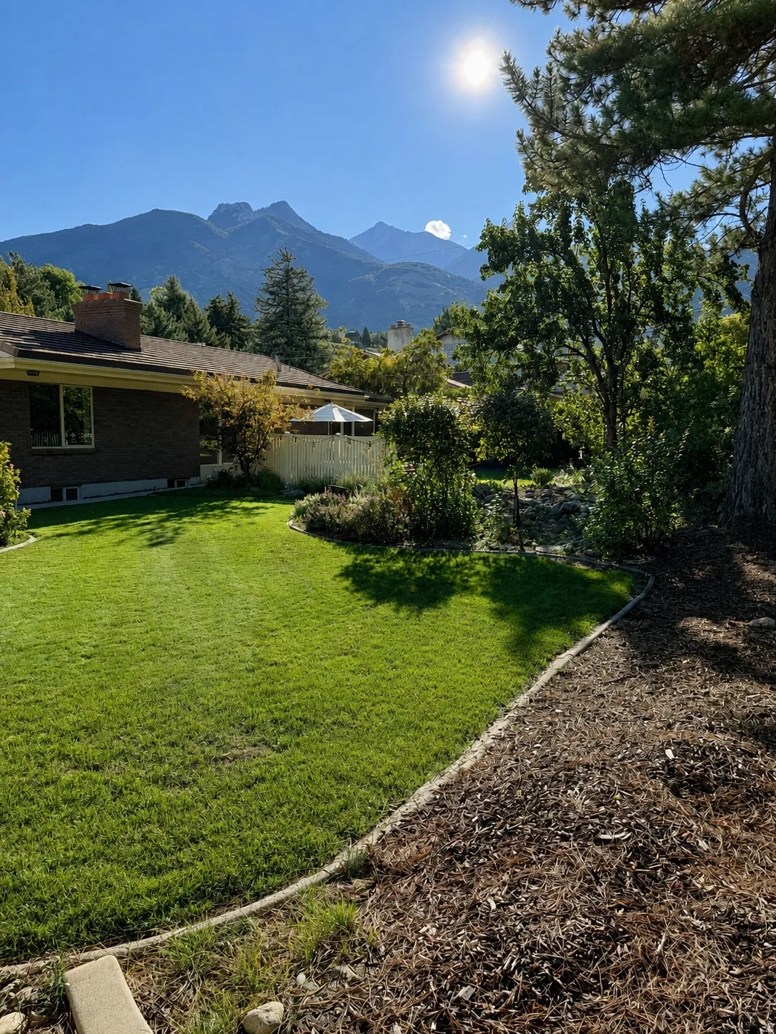 Expansive backyard featuring a manicured lawn, mature trees, and a mountain backdrop