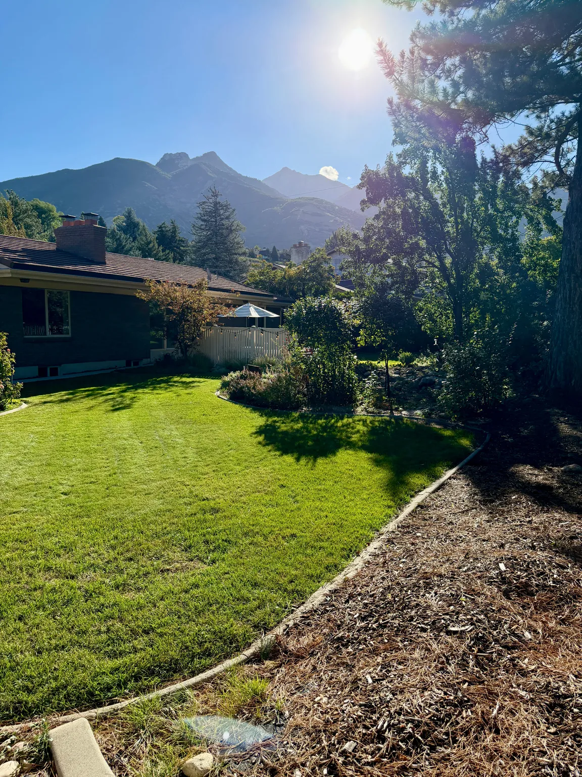 Expansive backyard featuring a manicured lawn, established landscaping, and a mountain backdrop