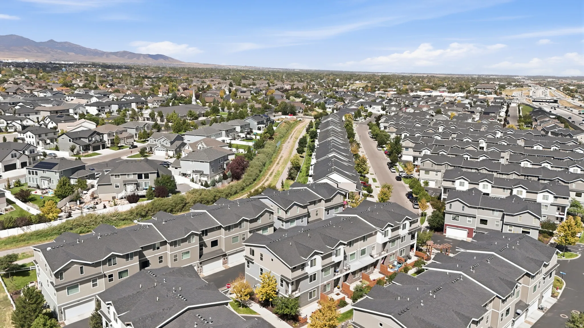 Residential community featuring various architectural styles, paved streets, and a distant mountain range