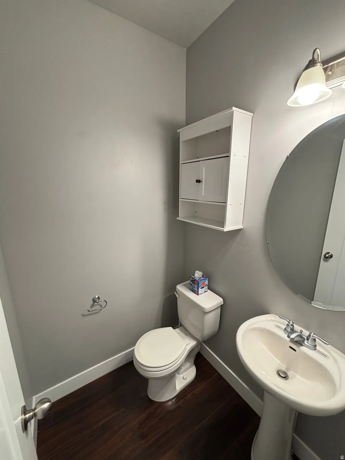 Pedestal sink, wood-finish flooring, wall-mounted storage cabinet, and circular mirror