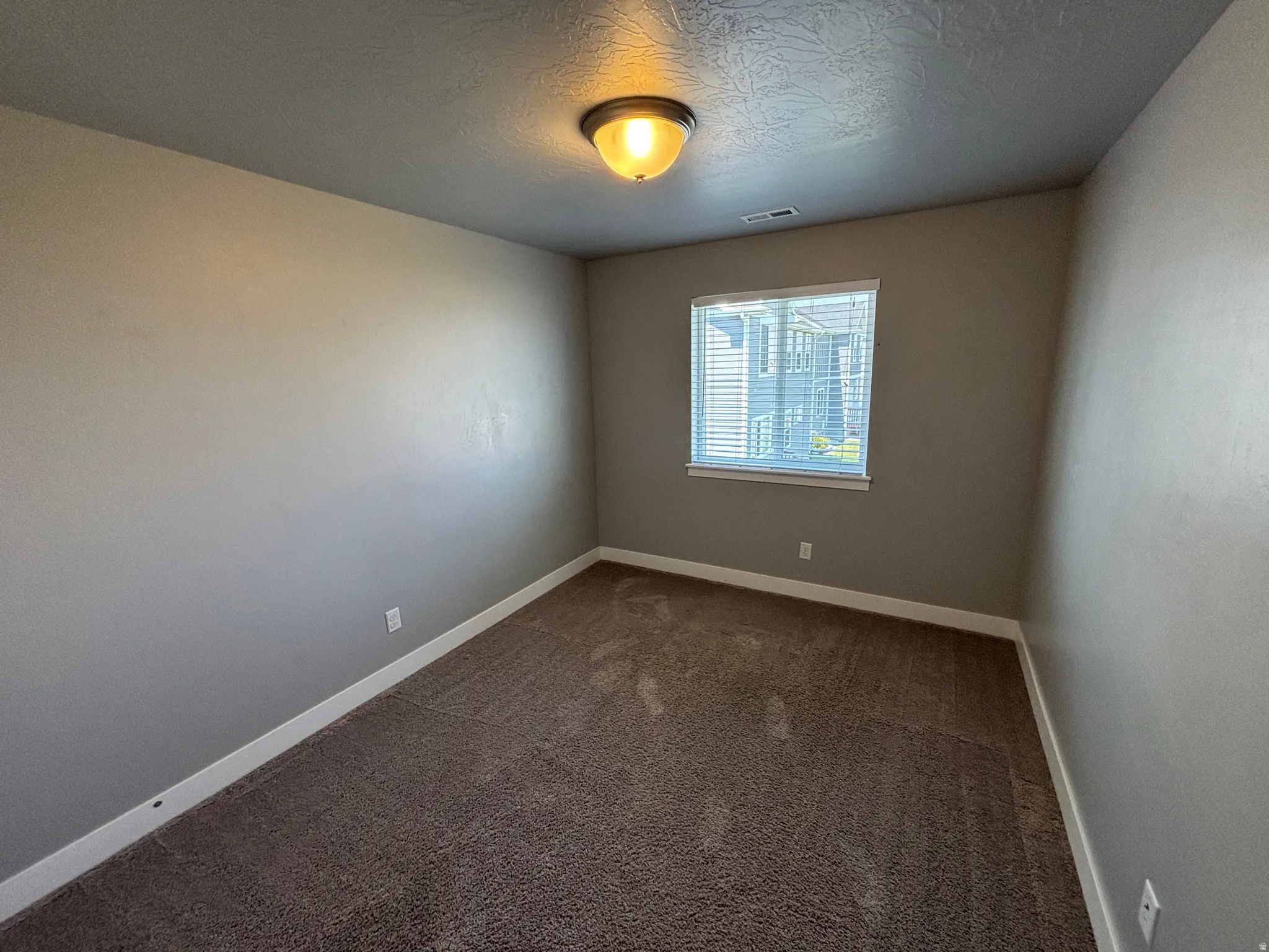 Neutral-toned walls complement the textured carpet flooring