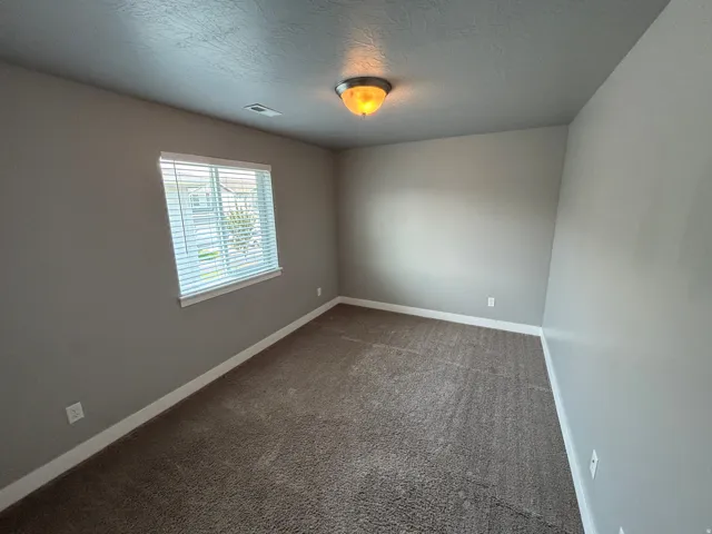 Neutral painted walls, wall-to-wall carpeting, and a flush mount ceiling light fixture