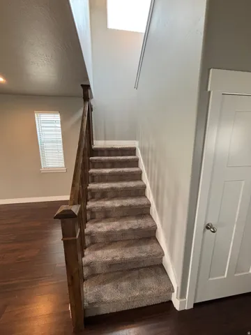 Carpeted staircase with wood-finish handrail, white trim, and a skylight