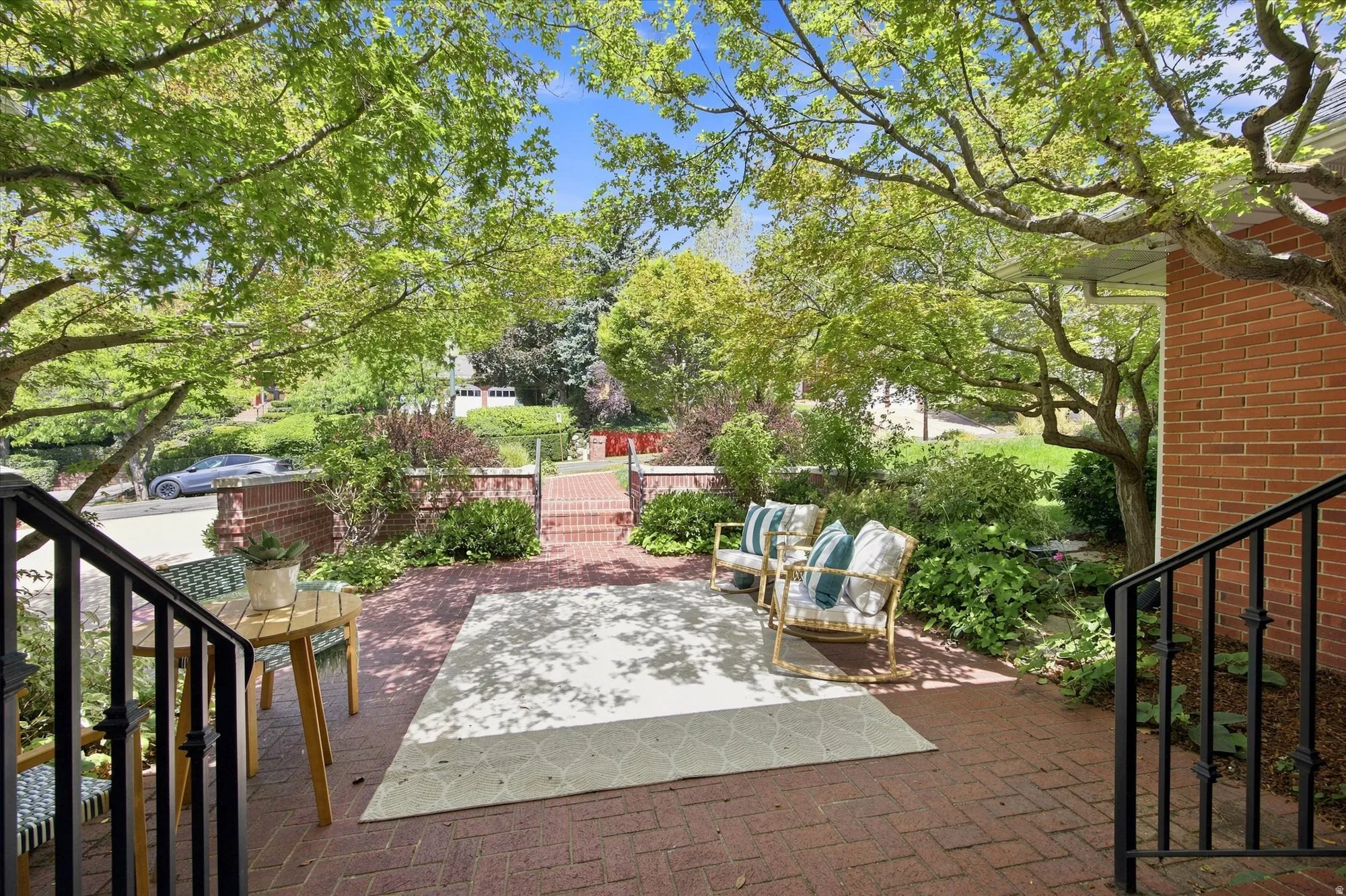 Inviting front patio looking out towards the street.