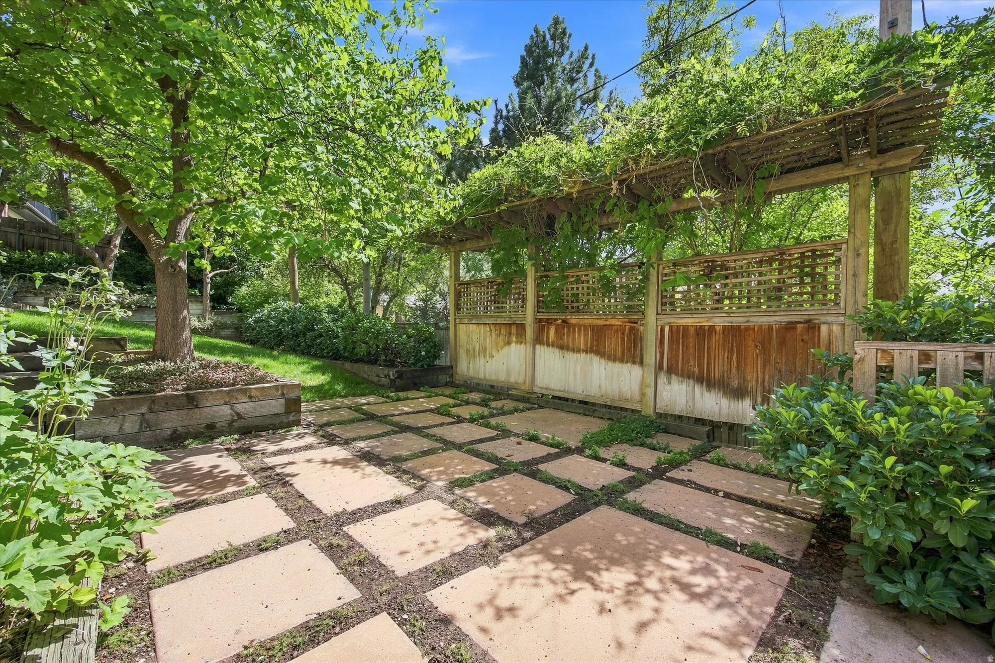 Backyard featuring a charming patio with greenery, integrated wood pergola with lattice detailing, and mature trees.